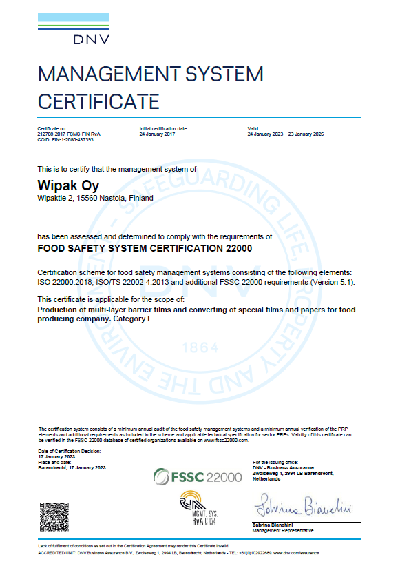 Thumbnail of FSSC 22000 Nastola certificate