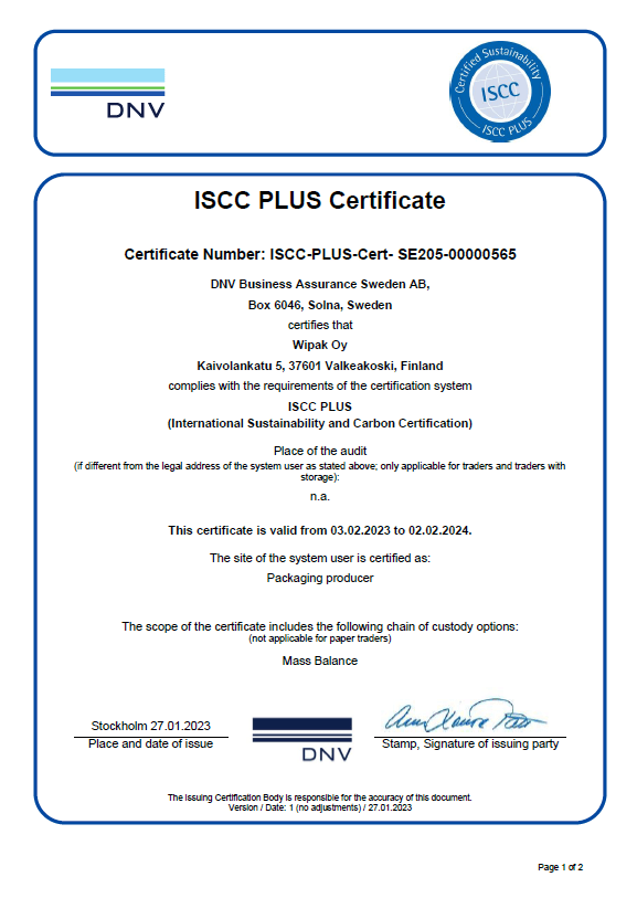 Thumbnail for ISCC PLUS certificate for Valkeakoski
