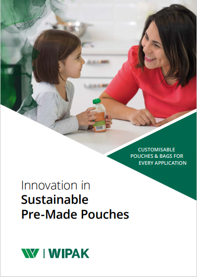 Cover image of Innovation in Sustainable pre-made pouches. A small girl is holding her baby food in a pouch smiling at her mom.